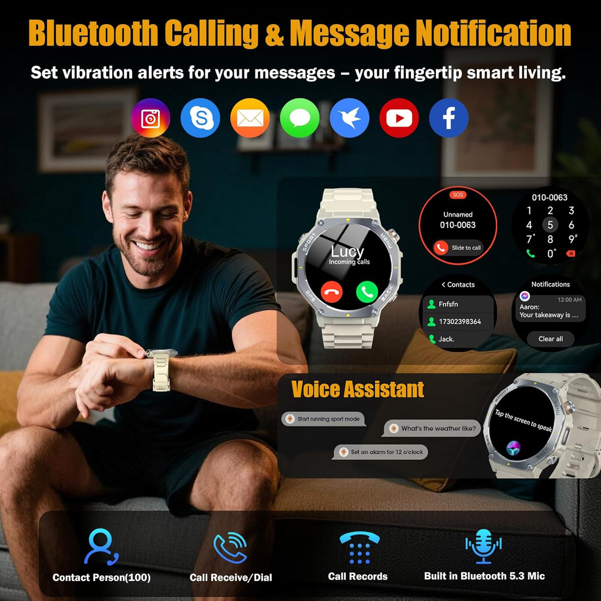 Jugeman Smartwatch voor dames en heren, met bluetooth-oproepen, fitnesstracker met stappenteller, IP68 waterdicht horloge