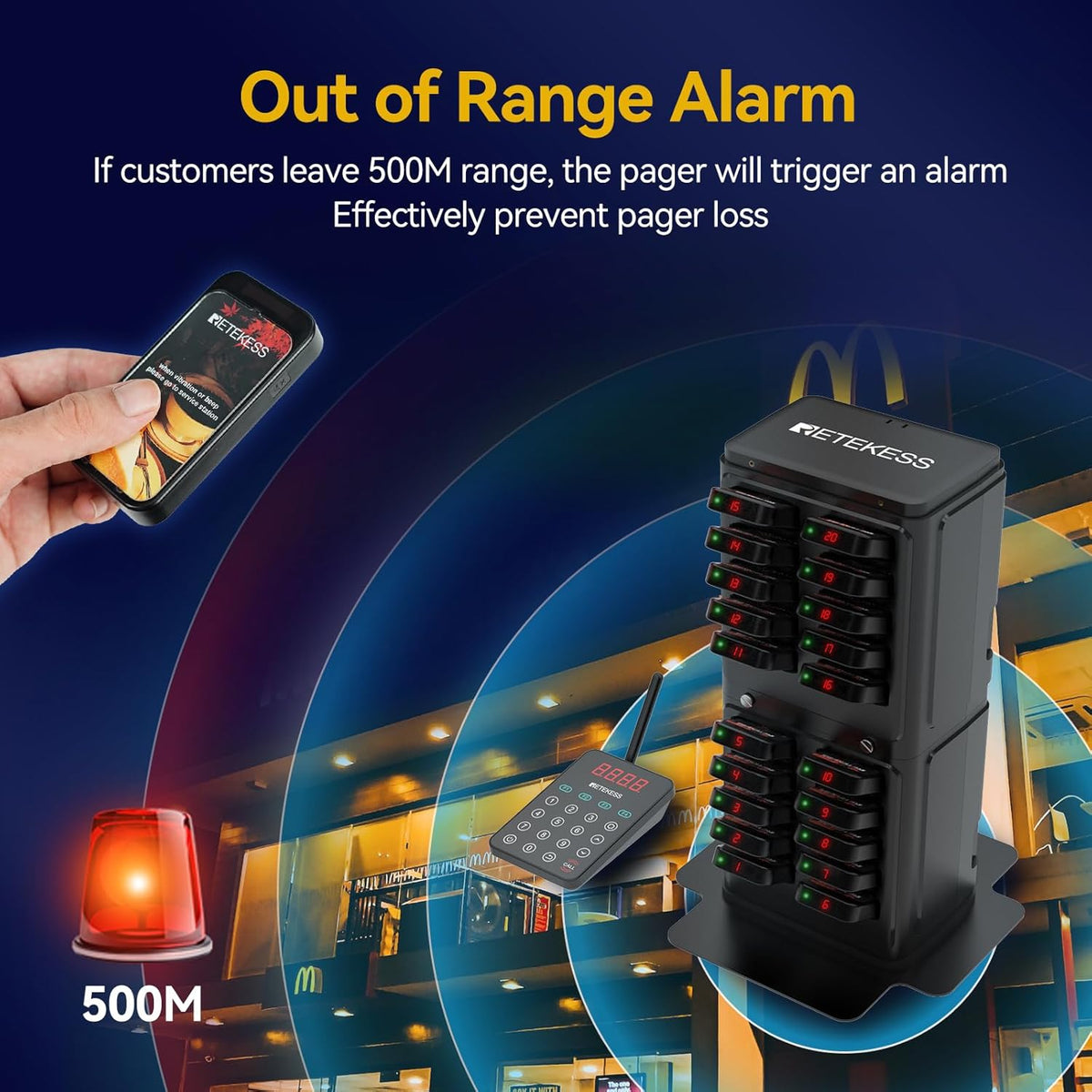 Draadloos Oproepsysteem – Pager Systeem – Restaurant Pager – Horeca Oproepunit – Klantpager – Service Countdown Timer – IP67 Waterdicht – Bereik Tot 500 Meter - QUORE