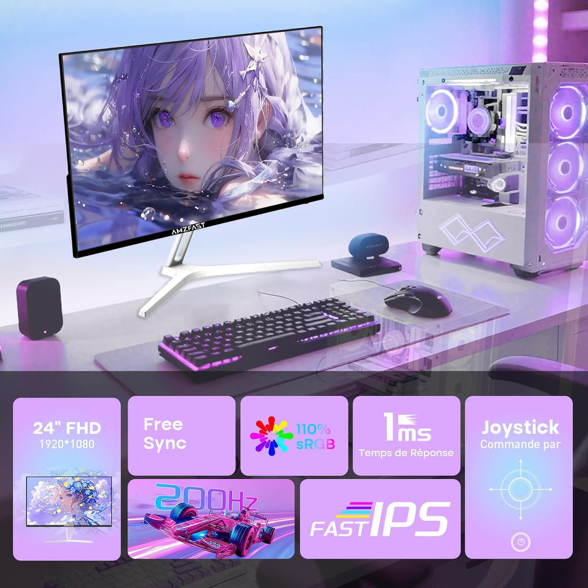 Monitor da Gaming Amzfast 24 Pollici - 200Hz, FHD 1920x1080, Fast IPS, 1ms MPRT, 80% DCI-P3, 110% sRGB, HDR, Anti-Luce Blu, Adaptive Sync, VESA 75x75, HDMI 2.0/DP 1.4, Bianco - AMZG24X1W - QUORE