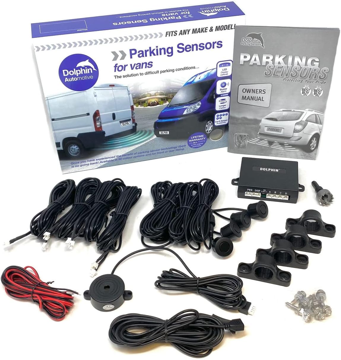 Dolphin Automotive Parkeersensoren voor Vrachtwagen/Van Commerciële Achter het Omkeren Sensoren, 4 Sensoren met Onder Bumperbeugels & Uitbreidingslijnen