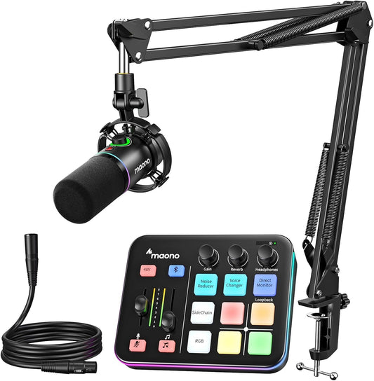 MAONO Gaming audio-mixer & audio-interface met XLR-dynamische microfoon, XLR-interface, RGB, Bluetooth – voor live streaming, podcasting & gaming (MaonoCaster G1 NEO + PD200XS)