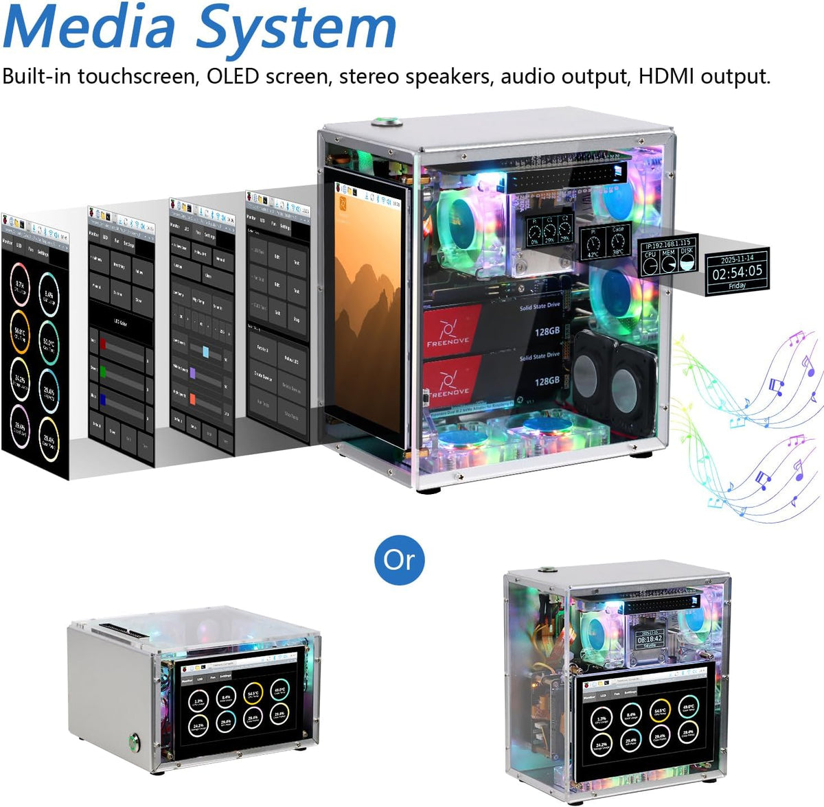 Freenove Raspberry Pi 5 Case Kit Pro, Dual M.2 NVMe SSD Slots, 5 PWM ARGB Fans Light Sync, CPU Tower Cooler, 4.3" Touchscreen, Stereo Speakers, 3.5 mm Audio (SSD NOT Included)