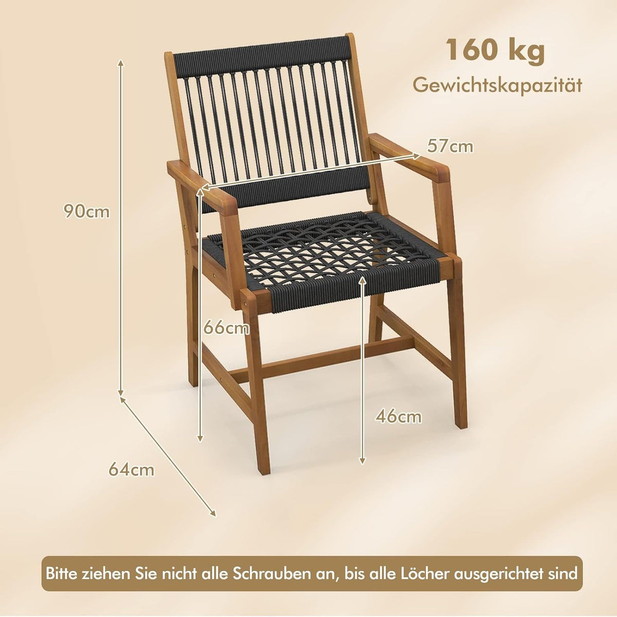 FANTASK Terrasstoelen van acaciahout met vlechtwerk, set van 2 balkonstoelen en tuinstoelen met rugleuning en armleuning, voor tuin, terras en balkon, draagvermogen 160 kg