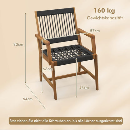 FANTASK Terrasstoelen van acaciahout met vlechtwerk, set van 2 balkonstoelen en tuinstoelen met rugleuning en armleuning, voor tuin, terras en balkon, draagvermogen 160 kg
