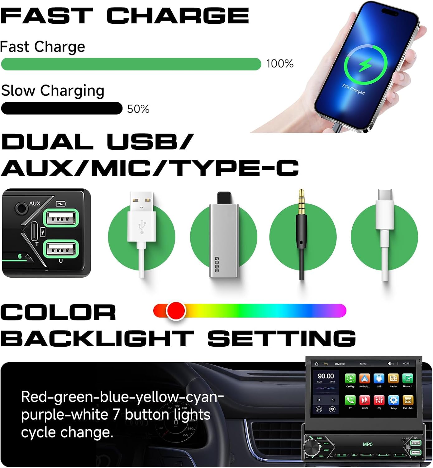 Hodozzy DAB Car Radio 1 Din with 7 Inch Screen Extendable 1 Din Flip Out Touch Screen Car Radio with CarPlay Wireless Android Car Bluetooth EQ FM Radio USB Type C SWC + Rear View Camera - QUORE