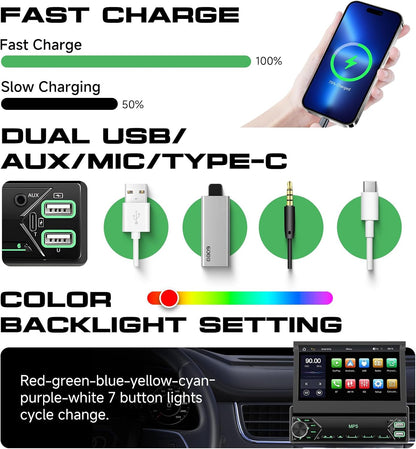 Hodozzy DAB Car Radio 1 Din with 7 Inch Screen Extendable 1 Din Flip Out Touch Screen Car Radio with CarPlay Wireless Android Car Bluetooth EQ FM Radio USB Type C SWC + Rear View Camera - QUORE
