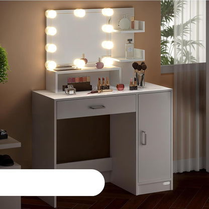 CASARIA® Dressing Table Jocelyn LED 90x40x140cm Mirror Cabinet Drawer 3 Shelves Bedroom Makeup Table Cosmetics Table Modern Wood White - QUORE