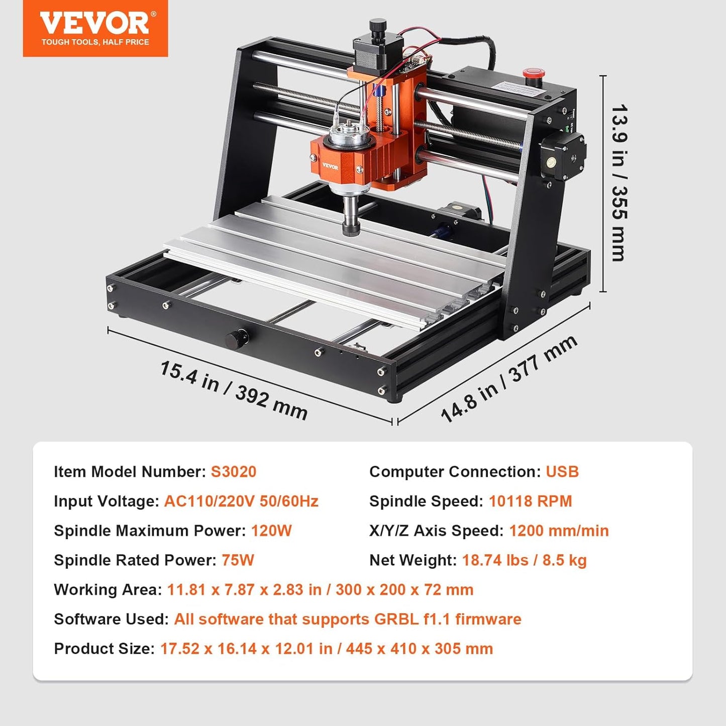 VEVOR CNC-graveermachine, 120 W, freesmachine voor houtsnij- en graveermachine, met GRBL-bediening, 3 assen, werkbereik 300 x 200 x 72 mm, voor hout, acryl, MDF, pvc, schuimkunststof