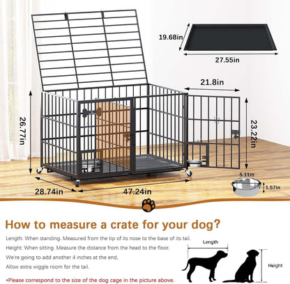 Hondenkooi met vloerblad, hondenkooi met scheidingswand, roosterbox met 2 deuren en dienblad, 2-in-1 dubbele box voor grote en middelgrote honden, 120 x 73 x 68 cm