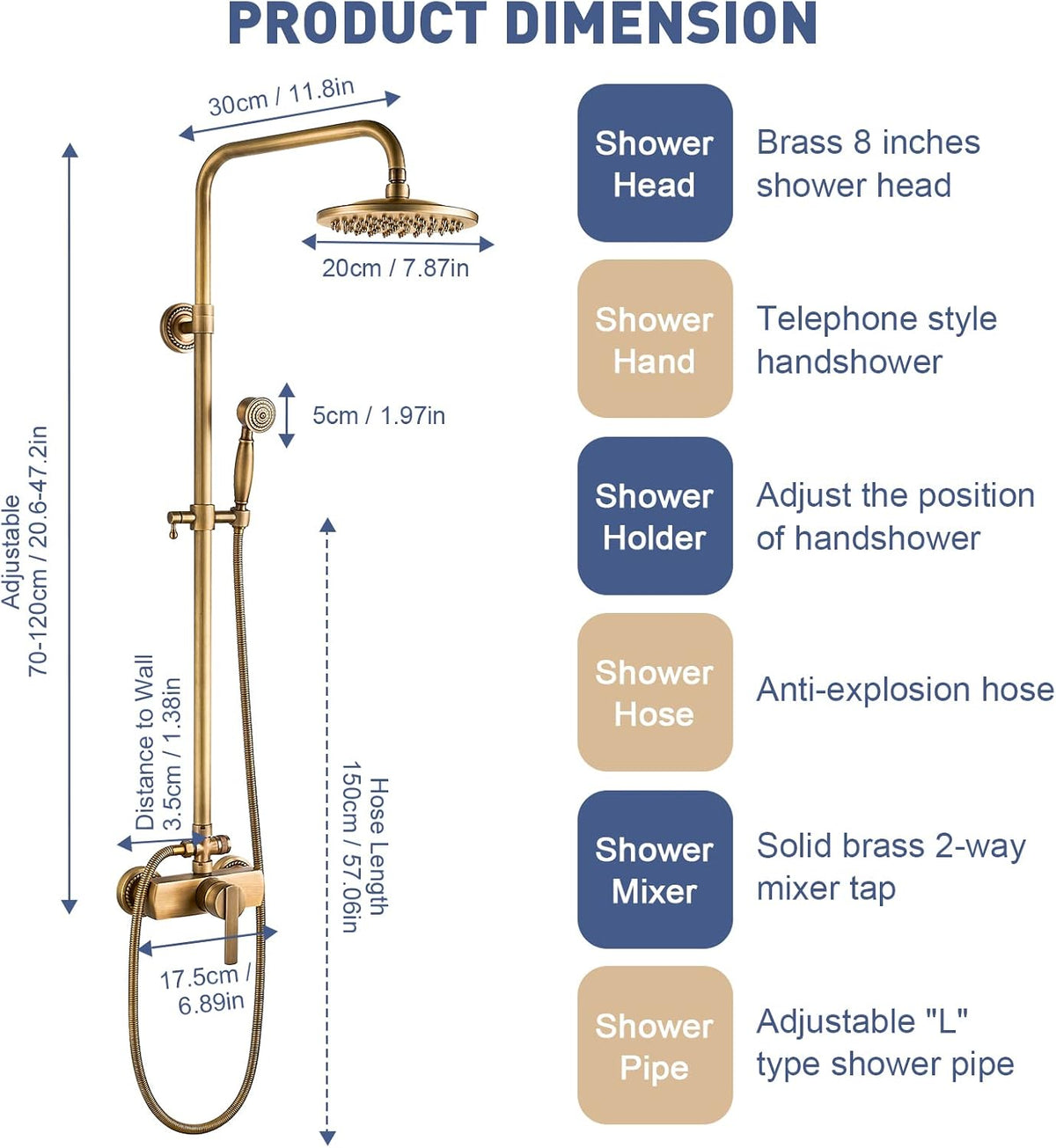 Antiek messing doucheset doucheset met armatuur, retro glod, complete set, 8 inch handdouchekop, 70-120 cm hoogteverstelbaar, wandmontage