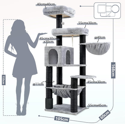 Hey-brother XXL Large Cat Tree for Maine Coon, 168 cm Cat Tree for Large Cats with Extra Large Hammock, Sisal Palissen (φ11 cm) and Climbing Rope, 2 Platforms, Hollow Basket, Light Grey EMPJ01W - QUORE