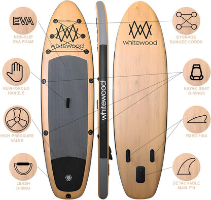 Whitewood Opblaasbaar SUP Premium Paddleboard, 335 cm, houten design met accessoires, rugzak, peddel, luchtpomp, lijn, opblaasbaar stand-up paddleboard, 180 kg