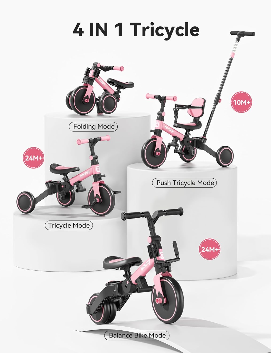 besrey Kinderfiets met oudergestuurde duwstang voor meisjes en jongens van 1-3 jaar, opvouwbare kinderdriewieler, driewieler met afneembare pedalen, in hoogte verstelbare zitting