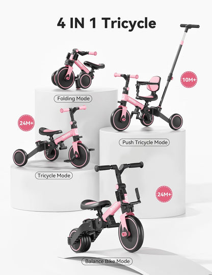 besrey Kinderfiets met oudergestuurde duwstang voor meisjes en jongens van 1-3 jaar, opvouwbare kinderdriewieler, driewieler met afneembare pedalen, in hoogte verstelbare zitting