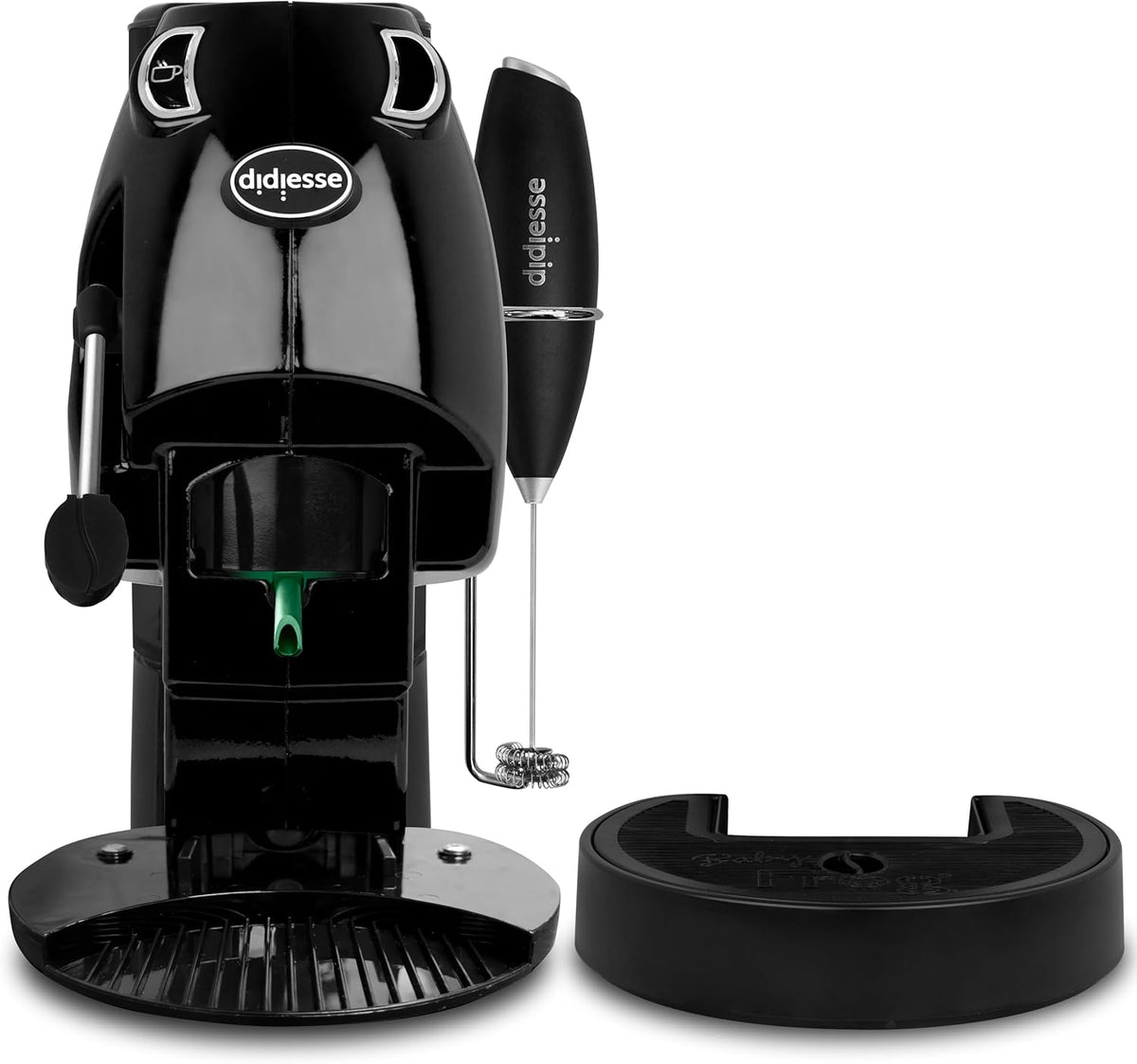 Didiesse Baby Frog Coffee & Tea Koffiezetapparaat voor pads, met melkopschuimer en dubbele padhouder voor koffie en thee, laag verbruik 450 W, warmwaterdispenser (zwart)