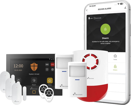 NIVIAN Alarmsysteem wifi + GSM voor thuis of bedrijf, bediening via app + SIM (sms en oproepen) | complete set met sirene, sensoren en afstandsbediening | anti-abotage, meerdere gebruikers