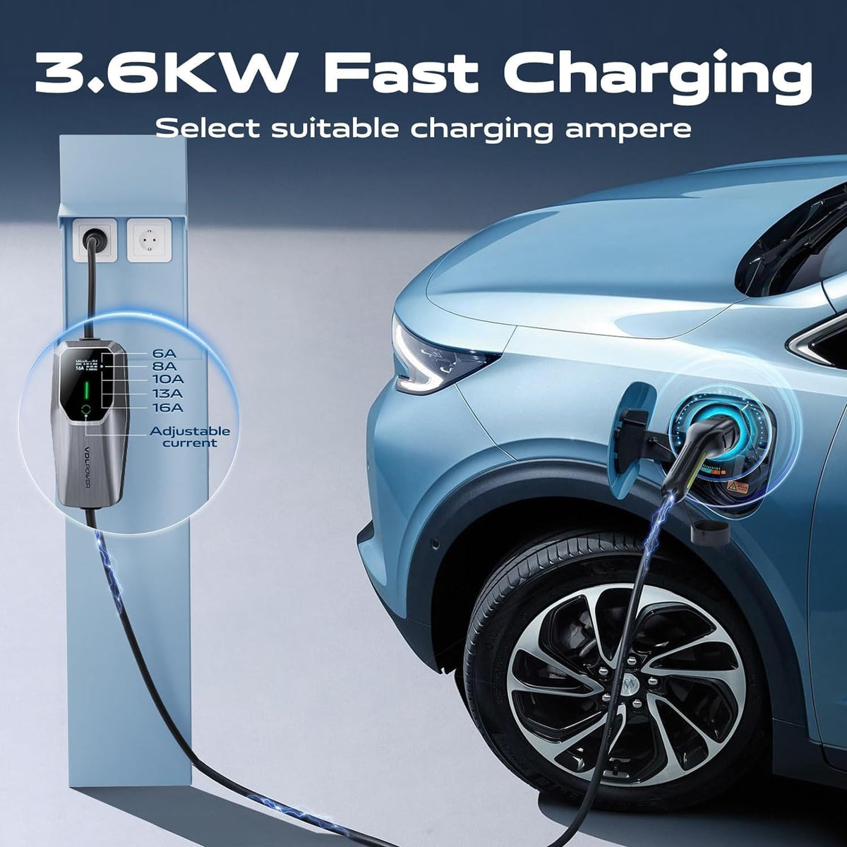 EV Oplader Type 2 – Elektrische Autolader – Oplaadkabel EV – Mobiele Laden – Laadstation 3,6 kW – Instelbare Stroom 8-16A – Waterdicht IP65 – 5 Meter Kabel met EU Schuko