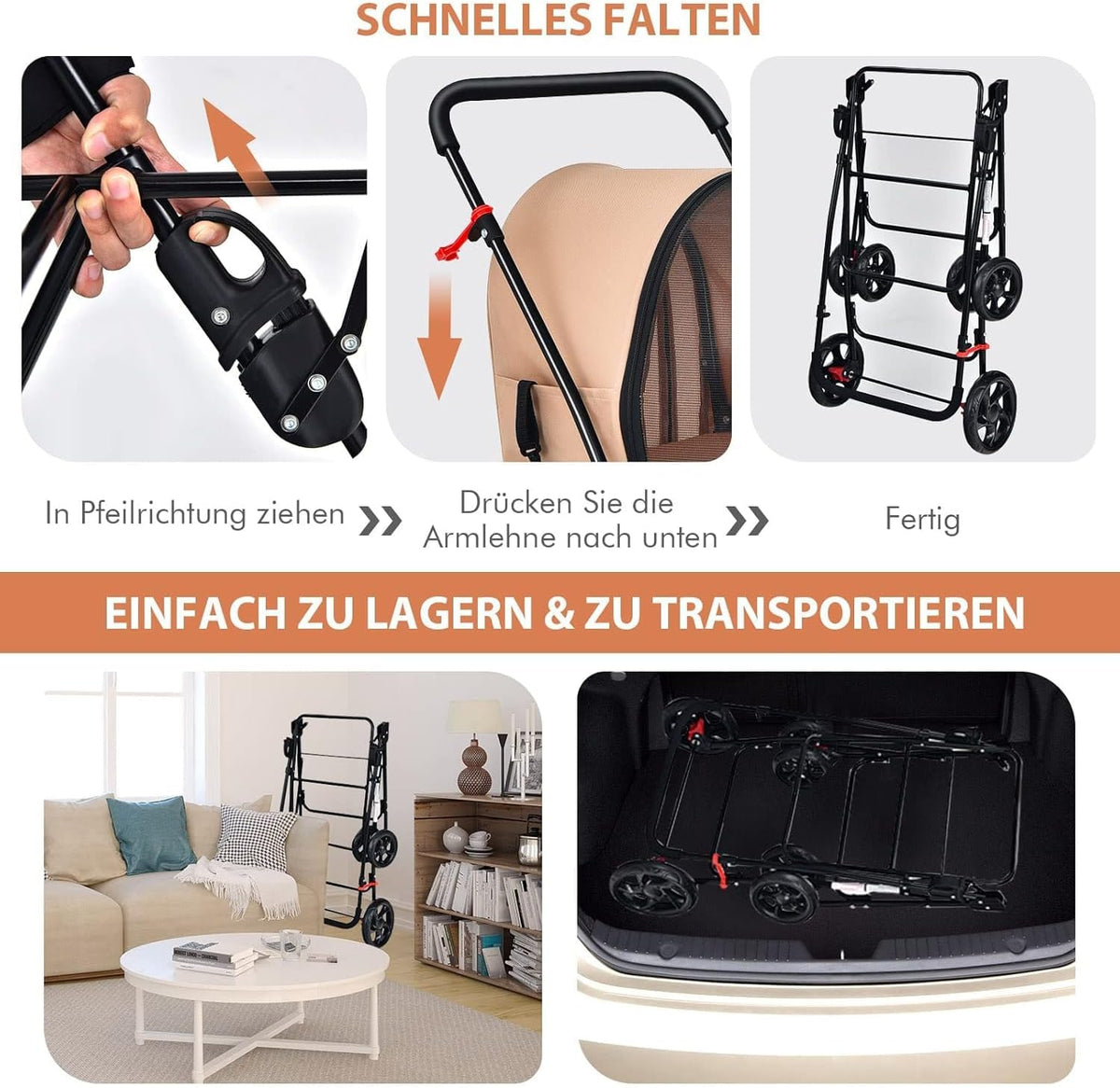 FANTASK Hondenwagen met 2 etages met gaasvensters en bekerhouders, huisdierbuggy tot 16 kg, kattenbuggy voor 2 kleine honden katten, hondenbuggy en aanhanger in beige