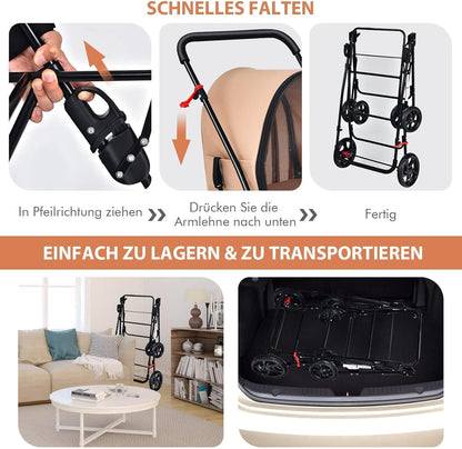 FANTASK Hondenwagen met 2 etages met gaasvensters en bekerhouders, huisdierbuggy tot 16 kg, kattenbuggy voor 2 kleine honden katten, hondenbuggy en aanhanger in beige