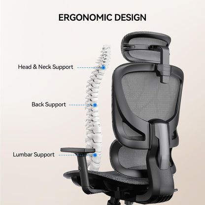 NOBLEWELL Ergonomische bureaustoel met hoge rugleuning, computerstoel van mesh met lendensteun, 3D-armleuning, dubbele rugleuning en verstelbare hoofdsteun
