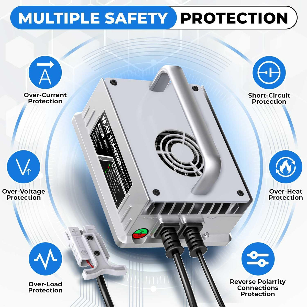 LiFePO4 Oplader – Batterijlader – Acculader – Snellader – 48 V Lithium-IJzerfosfaat – 58,4 V 15 A – Beveiligd Laden – Automatische Stopfunctie