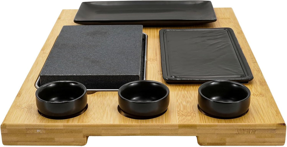 Hot Stone Steakbord – Lavasteen Steakbord – Hot Stone Steengrill Set – Hete Steen Grillplaat – Tafelgrill – 8-Delig Met 3 Dipschalen En Extra Plaat – Hete Lavasteen Tot Boven 300 °C