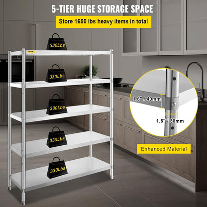 VEVOR Stainless Steel Shelving 48x18.5 Inch 5 Tier Adjustable Shelf Storage Unit Stainless Steel Heavy Duty Racks for Kitchen Commercial Office Garage Storage 350 Lbs Per Shelf