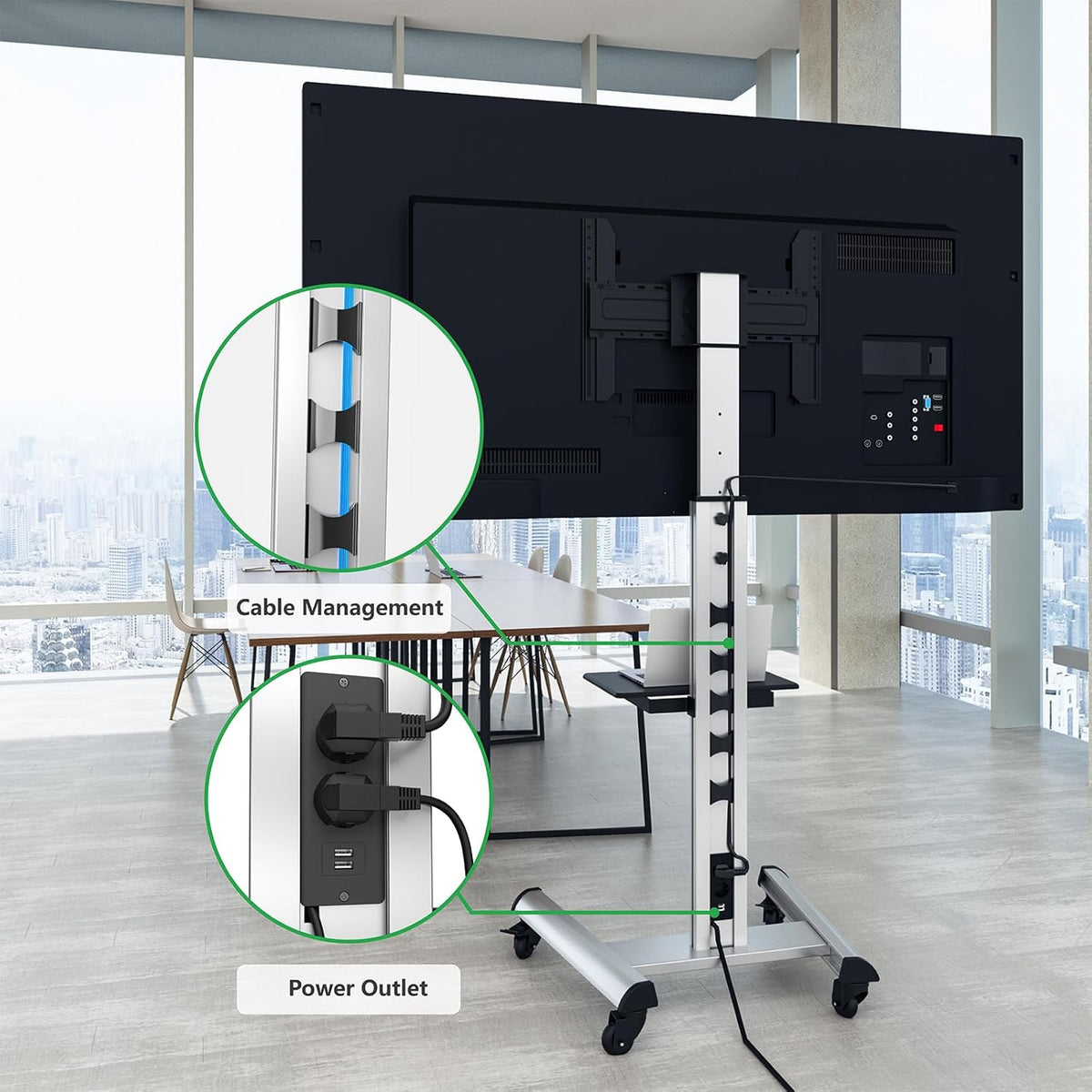 Mobiele tv-standaard met plank – Verrijdbaar tv-meubel, tv-standaard, tv-houder, tv-beugel – Zwart – Voor 32-75 inch – In hoogte verstelbaar tot 211 cm met stopcontacten en USB-poorten