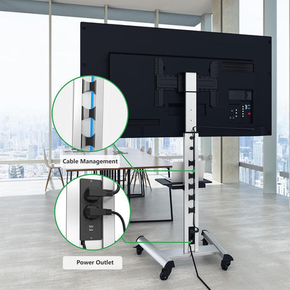 Mobiele tv-standaard met plank – Verrijdbaar tv-meubel, tv-standaard, tv-houder, tv-beugel – Zwart – Voor 32-75 inch – In hoogte verstelbaar tot 211 cm met stopcontacten en USB-poorten