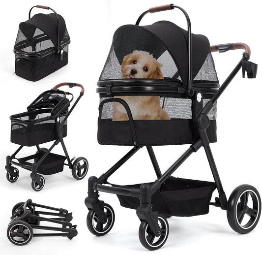Opvouwbare 3-in-1 hondenwagen voor kleine honden en katten tot 15 kg, huisdierbuggy met veiligheidslijnen, schokdemping, pedaalrem, netvenster en opbergruimte, gemakkelijk inklapbaar voor reizen en