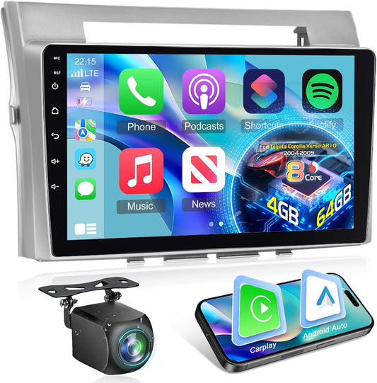 4G+64G 8 Core Qualcomm Car Radio for Toyota Corolla Verso AR10 2004-2009 with Wireless Carplay & Android Auto, 9 Inch Car Stereo with WiFi/GPS/Bluetooth 5.1/FM RDS Radio