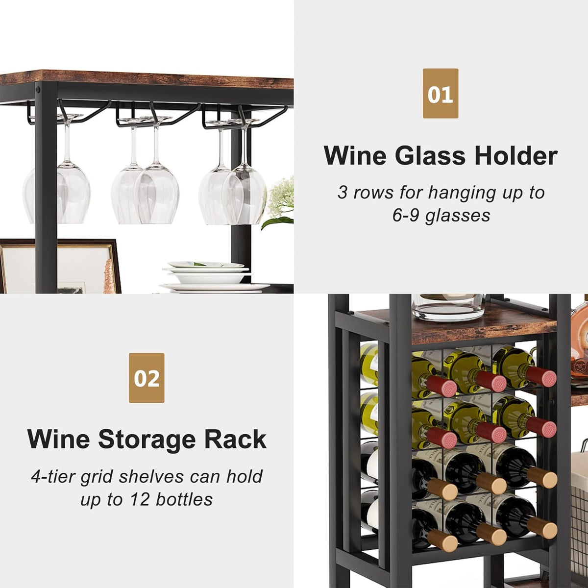Tribesigns Wine Rack Freestanding Floor, 5 Tier Wine Box Rack with Glass Holder and Wine Storage, Industrial Wine Display Shelf for Bar, Kitchen, Dining Room (Rustic Brown)