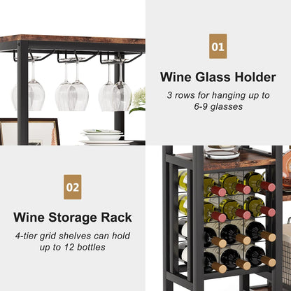 Tribesigns 2 Pcs Freestanding Floor Wine Rack - 5 Tier Wine Display Shelf with Glass Holder and Storage, Industrial Bar Cabinet for Kitchen, Dining Room (Rustic Brown)