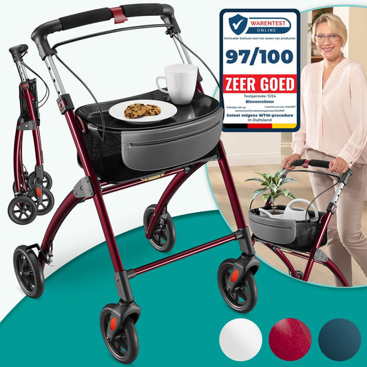 ELONEO Lichtgewicht Rollator voor Binnen - 54 cm Breed, Opvouwbaar Looprek met Dienblad en Stoffen Mandje, Smalle Rollator van Aluminium, Inklapbaar Mobiliteitshulpmiddel, Rood