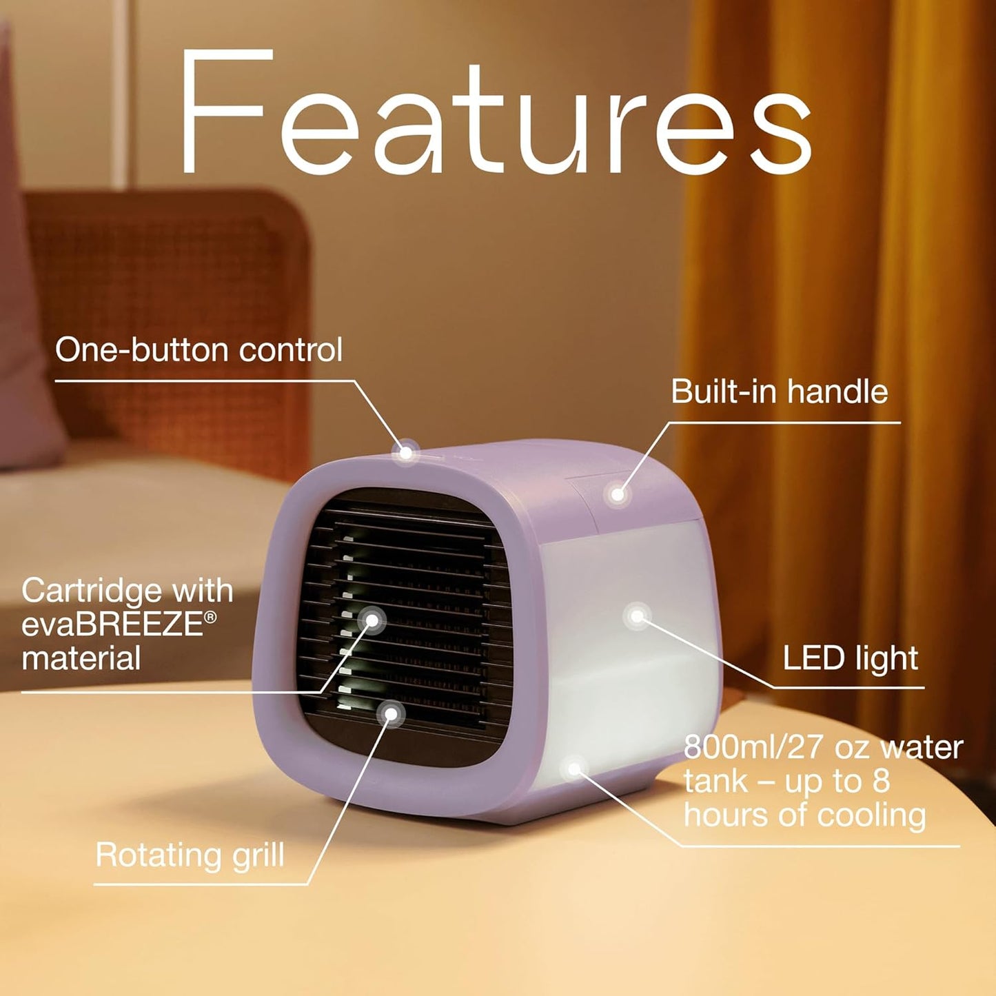 Koelventilator voor bureau en camping, draagbare airconditioning voor auto, tentkooler, mini-moeraskoeler, persoonlijke Evachill, lavanda