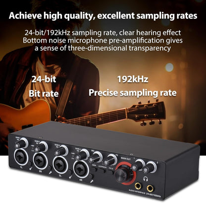 4-kanaals geluidskaart met driverloze audio-interface, USB-geluidskaart 4 ingangen 4 uitgangen, 24 bit/192 kHz 48 V fantoomvoeding voor professionele karaoke-opname