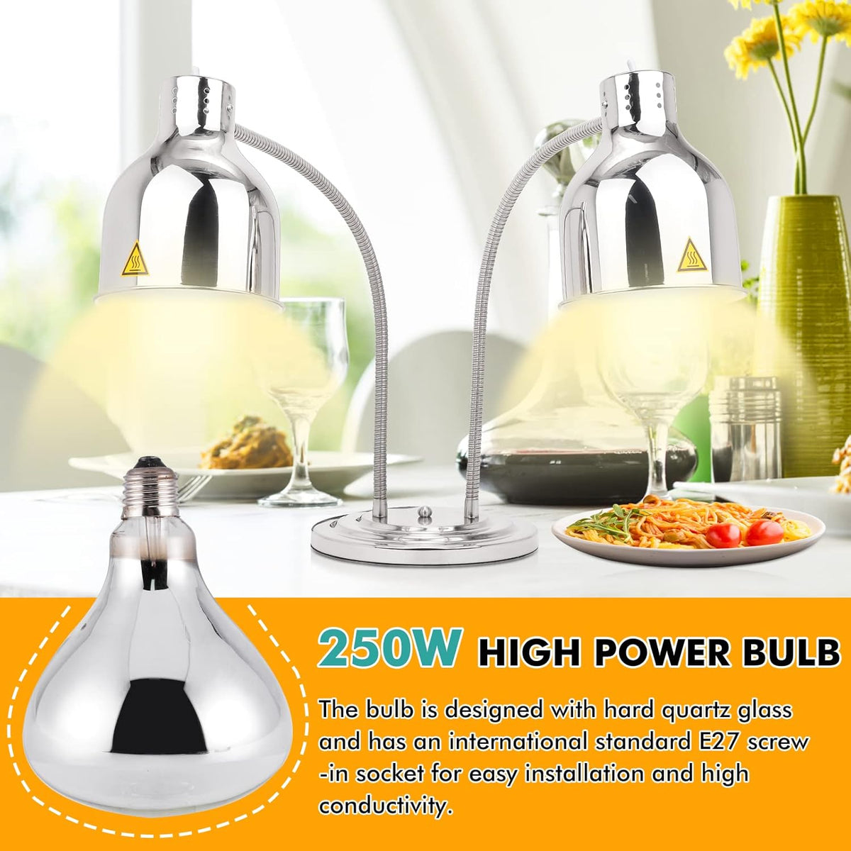 YJINGRUI Vrijstaande voedselverwarmingslamp, 2 x 250 W, zilver, buffet, levensmiddelen, verwarming, lamp met slang, rekbaar tot 70 cm, voor buffet, keuken, restaurant (dubbele lampen)