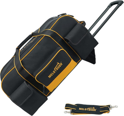 MELOTOUGH Gereedschapstas met wielen, grote capaciteit gereedschapstas organizer met verborgen telescopische handgreep voor elektricien, bouw, HVAC, technicus (geel/zwart)