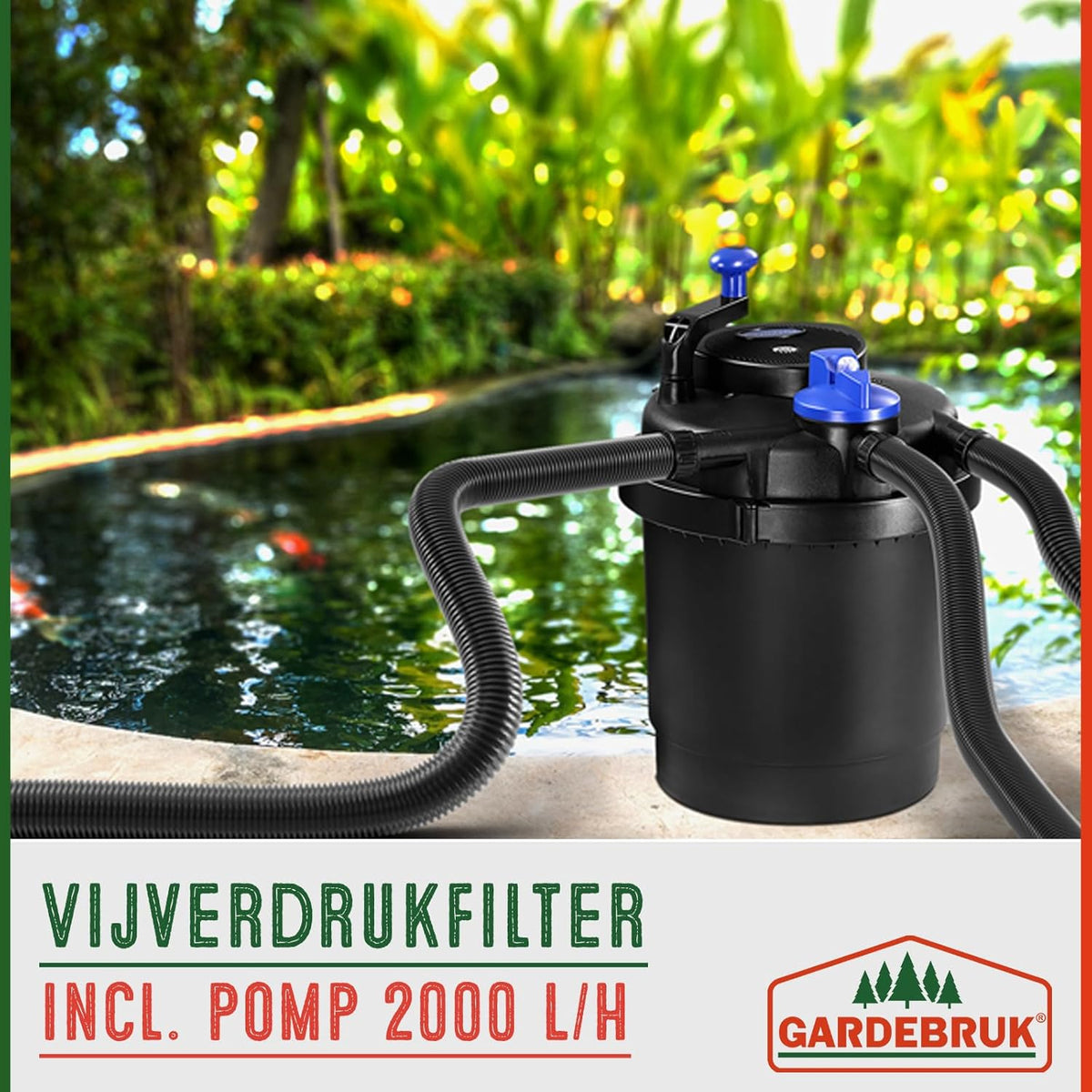 Gardebruk vijverdrukfilter 18L complete set 2000 L/H 11 watt UVC lamp bypass functie pomp tuinvijver vijverfilter