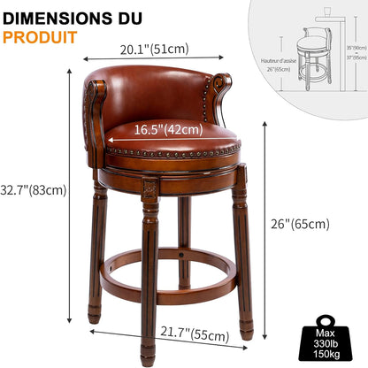 Barkruk van volnerfleer, draaibaar, met rugleuning, beklede stoel voor bar en keuken, massief houten frame, geschikt voor restaurants, hotels en thuis (bruin, zithoogte 65)