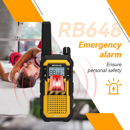 Retevis RB648 Walkie Talkie, IP67 Waterdichte Tweewegradio, Dubbele PTT, SOS-Vibratie, 2000mAh, Heavy-Duty Walkie-Talkie met Oortelefoon voor Bouwplaatsaannemers (4 Stuks, Geel)