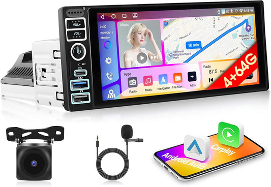 4 + 64G autoradio, 1 Din A-pple, Carplay Android autoradio, dubbele DIN-stereo-radio, 6,9 inch met IPS-touchscreen, Android 15 autoradio met Bluetooth 5.0/GPS/WiFi/FM/RDS