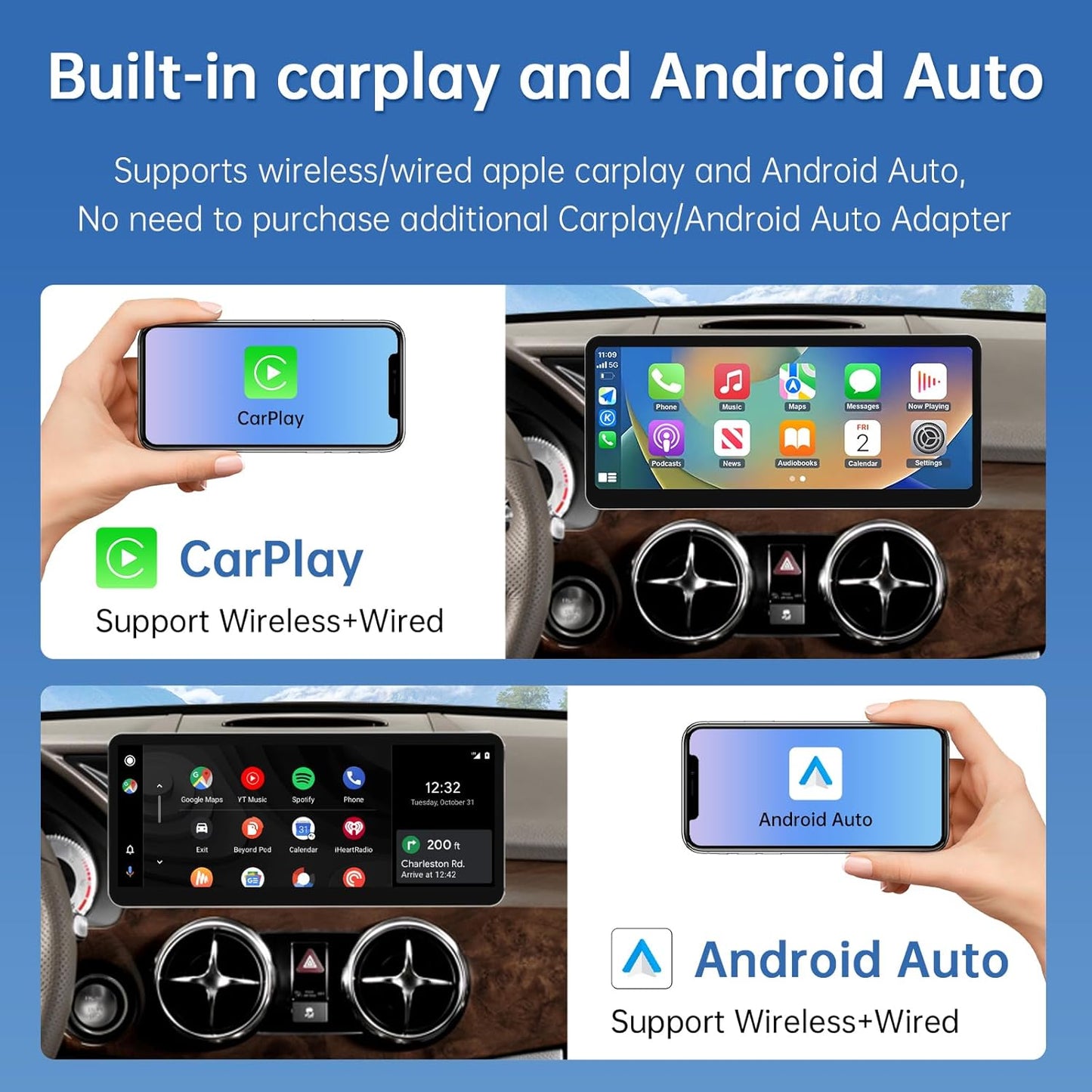 Road Top CarPlay Scherm, 12,3 inch ultrasmal Car Radio Touchscreen voor Mercedes Benz GLK klasse X204 met NTG4.5/4.7 Systeem (2013-2015 jaar), Car Stereo Compatibel met CarPlay/Android Auto