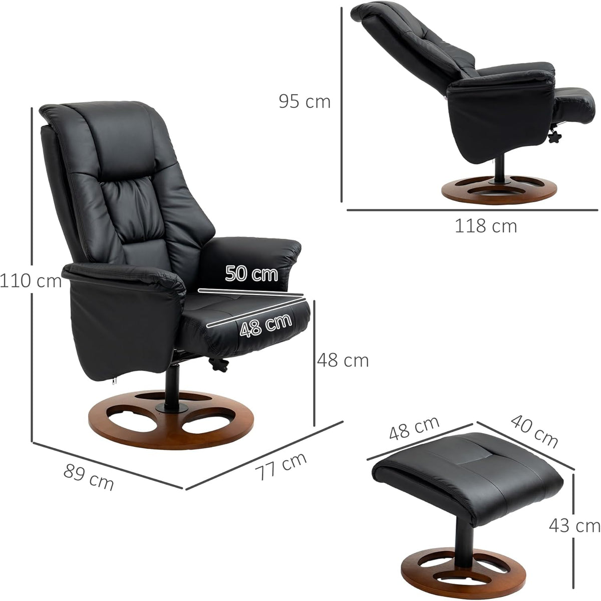 HOMCOM Recliner Chair with Footstool, TV Chair, Upholstered Chair, TV Chair with Reclining Function, 130° Tilting for Living Room, Recreation Room, Black Faux Leather, 77 x 89 x 110 cm. - QUORE