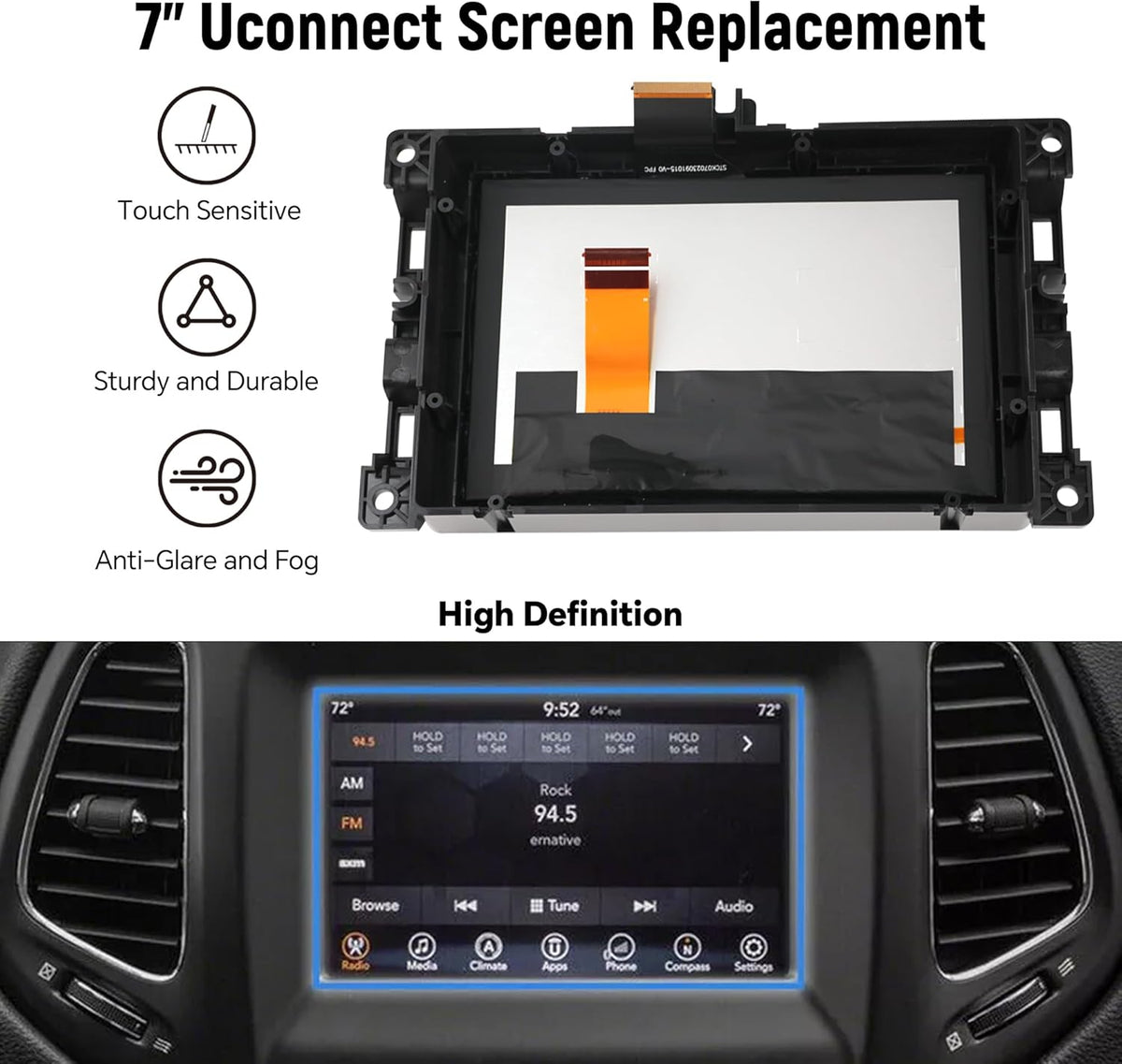 7 "Uconnect LCD Touchscreen Display met Beugel voor 2017-2020 Jeep Kompas Radio Navigatie Touchscreen Monitor Digitizer Vervang TDO-WXGA0700K00033-V2 TDO-WXGA0700K00057-V1 LMB-K00057BL-A