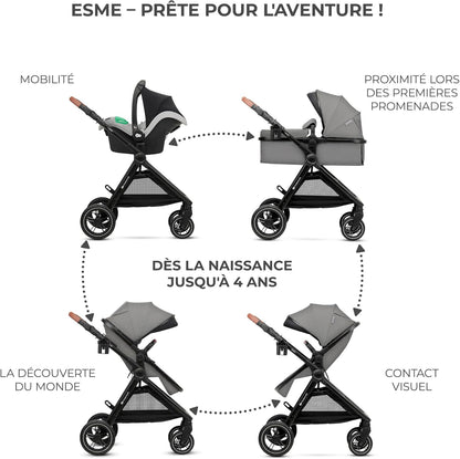 Kinderkraft ESME Mink Pro I-Size 3-in-1 autostoel met draagzak, reissysteem, babybuggy, opvouwbare kinderwagen, voor pasgeborenen tot 4 jaar, grijs