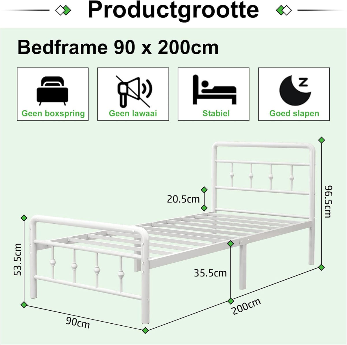 EMODA Metalen Bedframe 90 x 200 cm met vintage style Hoofdeinde en Voetenbord, Heavy Duty Bedframe 36cm hoog met stalen lattenbodem, Eenvoudige montage, Geluidsvrij, Wit