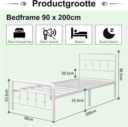 EMODA Metalen Bedframe 90 x 200 cm met vintage style Hoofdeinde en Voetenbord, Heavy Duty Bedframe 36cm hoog met stalen lattenbodem, Eenvoudige montage, Geluidsvrij, Wit
