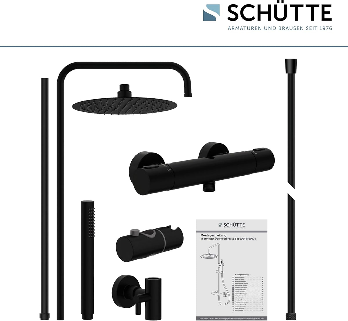 SCHÜTTE AQUADUCT Douchesysteem met thermostaat, doucheset met grote regendouche (diameter 25 cm) en verstelbare handdouche, doucheset met douchestang, douche met kraan, douchezuil, douchepaneel, zwart