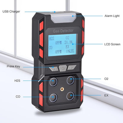 Upgrade Nieuw Model Draagbare Voice Type Multi Gas Detectoren, Handheld Luchtkwaliteit 4 Gas Monitor met Groot Digitaal LCD Display, Oplaadbare Lithium Batterij Aangedreven (Zwart)